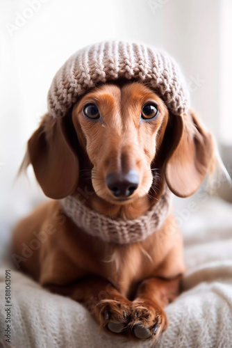Curious Dachshund dog in knitting hat looking at the camera in home. Adorable pet. Waiting for the over. Dog food. At an appointment with a veterinarian. Love for animals. generative ai 