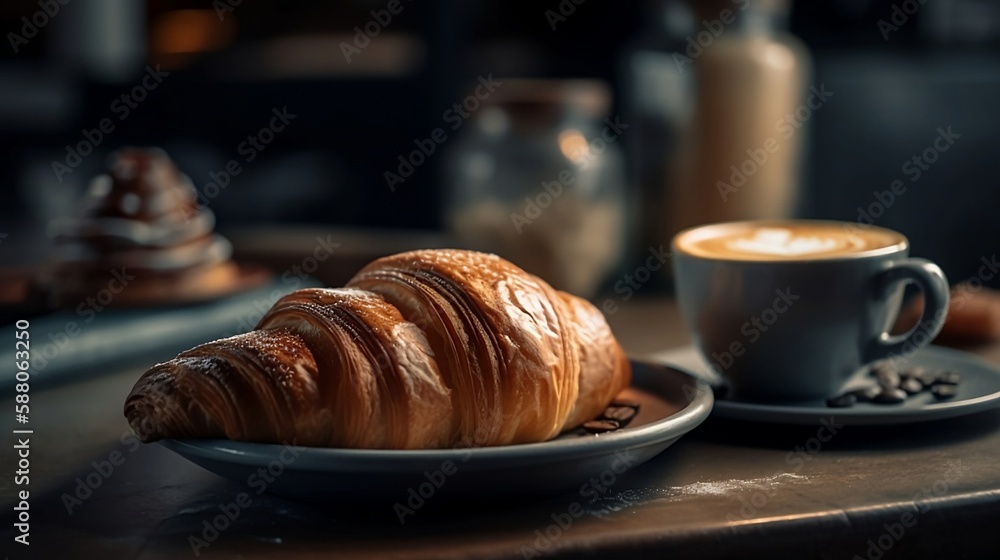 A croissant on a dish and a cup of cappuccino with beautiful latte art on a cafe table A croissant on a dish and a cup of cappuccino with beautiful latte art on a cafe table