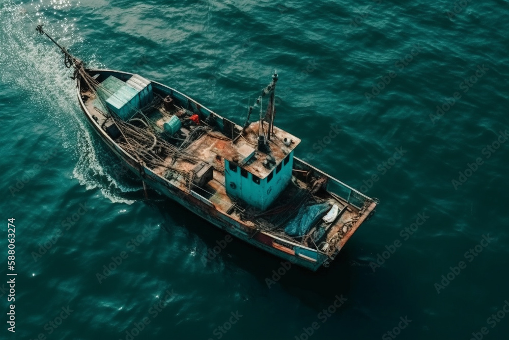 Small sail fishing boat on the sea or oncean viewed from above drone photography shot. Aerial fishing ship view. Ai generated