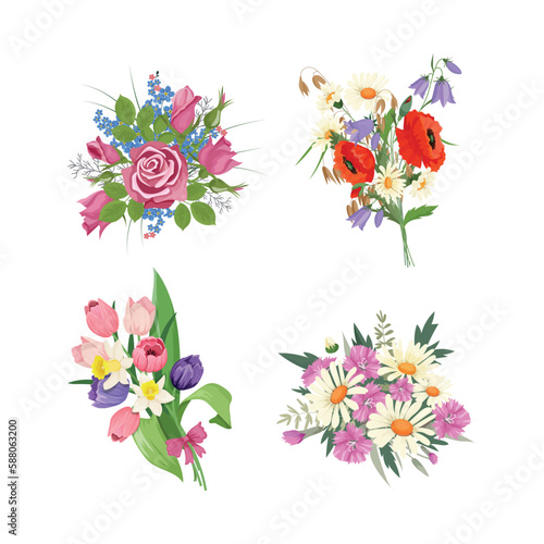 Collection of realistic flower bouquets.