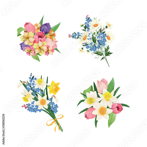 Collection of realistic flower bouquets.