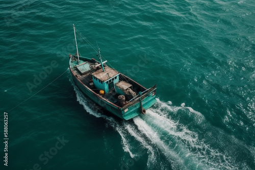 Small sail fishing boat on the sea or oncean viewed from above drone photography shot. Aerial fishing ship view. Ai generated © dragomirescu