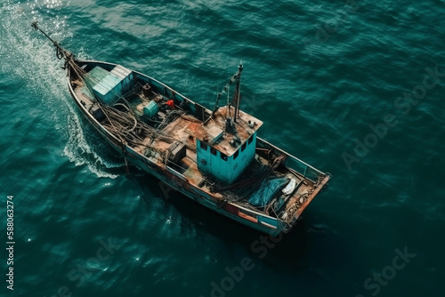 Small sail fishing boat on the sea or oncean viewed from above drone photography shot. Aerial fishing ship view. Ai generated © dragomirescu