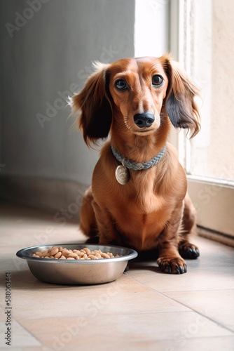 Curious Dachshund dog looking at the camera in home. Adorable pet. Waiting for the over. Dog food. At an appointment with a veterinarian. Love for animals. generative ai 