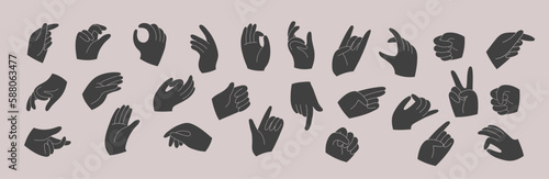 Set of hands holding various stuff. Different operations and gestures. Hand drawn vector