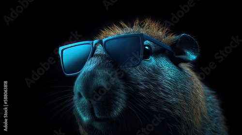 Single capybara with sunglasses on blackground background the head looking stylish and cool. Generative Ai.