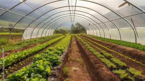 Frame of a greenhouse and fields with growing vegetables, generative AI