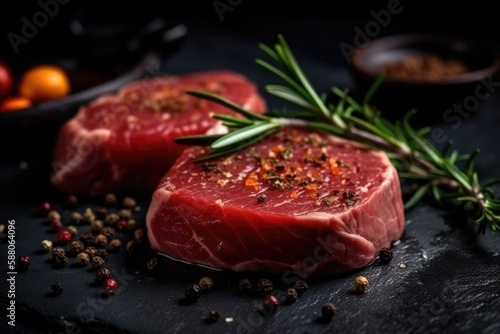 Raw fillet meat on black board with pepper seasoning and green rosemary. Generative AI