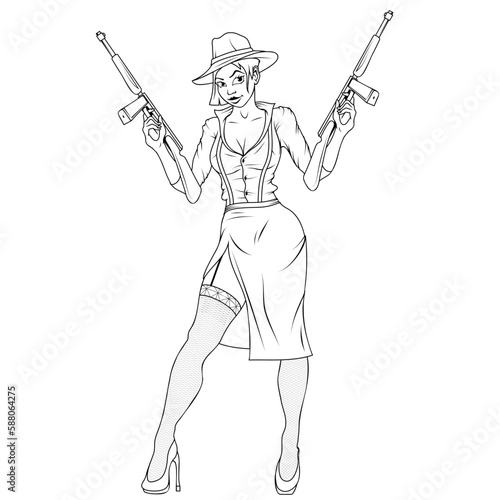 Female gangster. Vector illustration of a sketch of a woman with a gun. Beautiful gangster girl