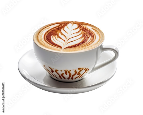 Cup of coffee with milk with beautiful latte art on cutout PNG transparent background. Generative AI