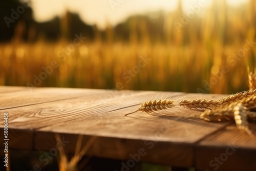 Empty wooden table in front of golden ears of wheat background. Generative AI