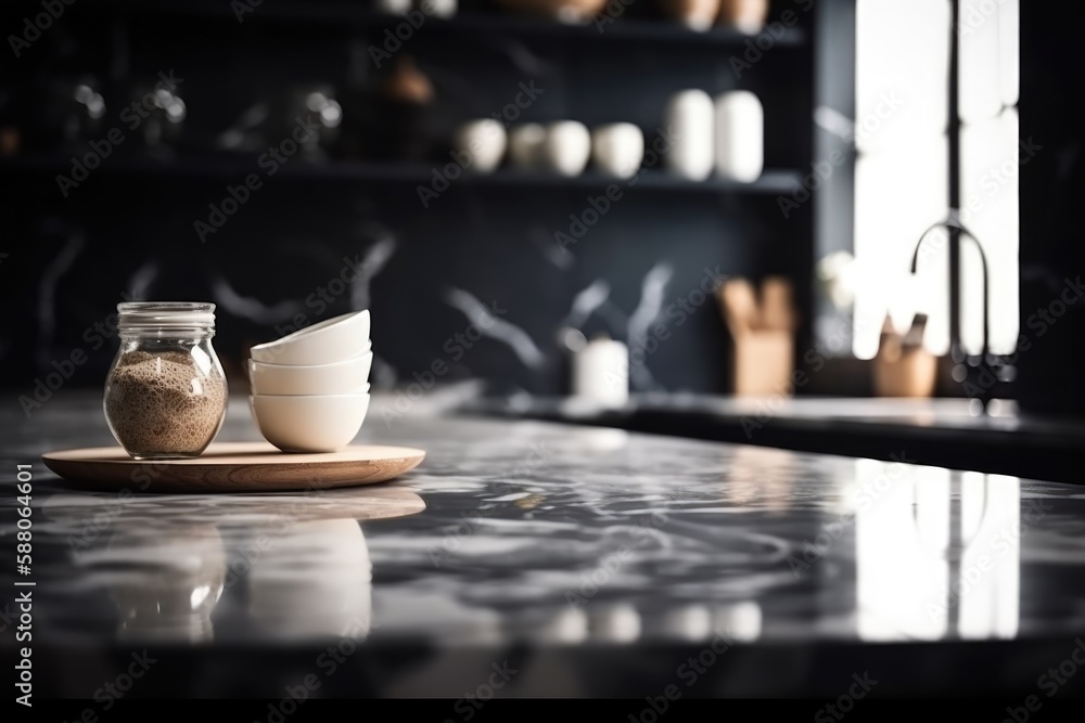 Empty black marble table and blurred white kitchen black wall. Black marble table top on blur kitchen for product display mockup. Generative AI Empty black marble table and blurred white kitchen black wall. Black marble table top on blur kitchen for product display mockup. Generative AI