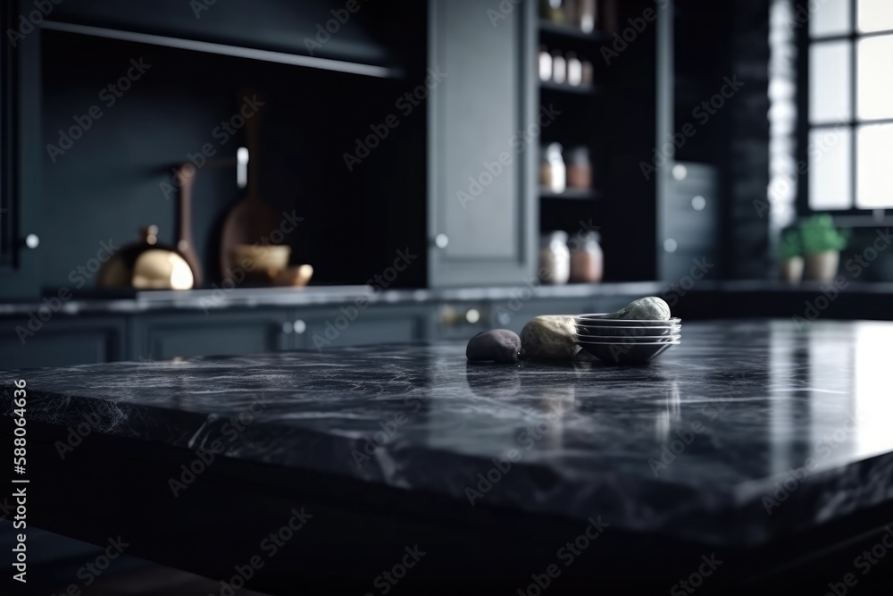 Empty black marble table and blurred white kitchen black wall. Black marble table top on blur kitchen for product display mockup. Generative AI Empty black marble table and blurred white kitchen black wall. Black marble table top on blur kitchen for product display mockup. Generative AI