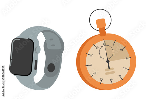 Clock in cartoon style on a white background. Fitness watch and manual stopwatch, great design for any purpose.