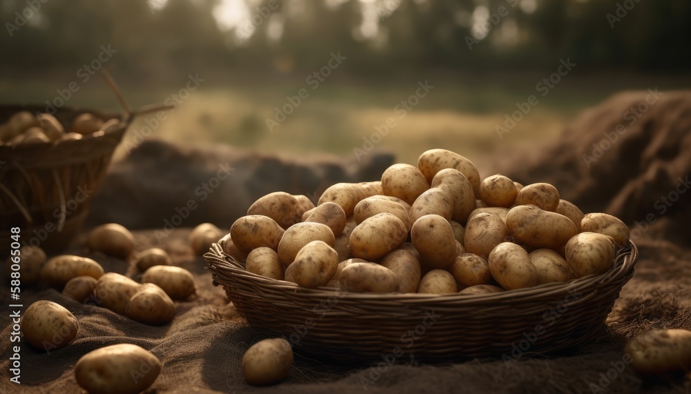 A basket of potatoes on a rustic table of potatoes field background. Generative AI A basket of potatoes on a rustic table of potatoes field background. Generative AI