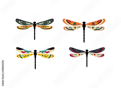 Collection of colorful dragonfly with floral ornaments.