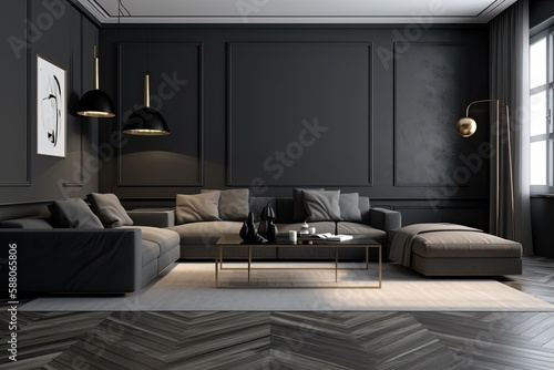 cozy living room with comfortable furniture. Generative AI © AkuAku
