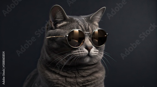 funny studio shot of cool cat wearing sunglasses on gray background with copy space. Generative Ai.