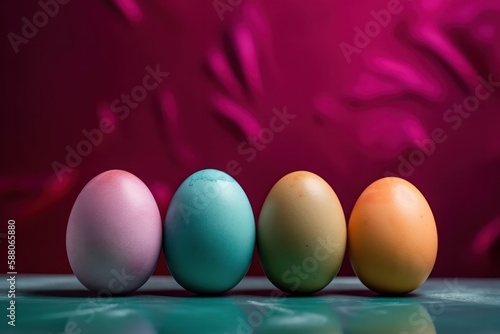 Colourful easter eggs on a table with blurred background., Generative Ai