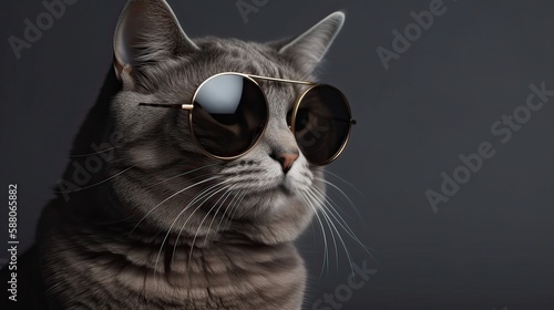 funny studio shot of cool cat wearing sunglasses on gray background with copy space. Generative Ai.