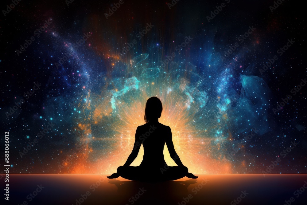 Silhouette of yoga woman in lotus pose against a galaxy background, Generative Ai