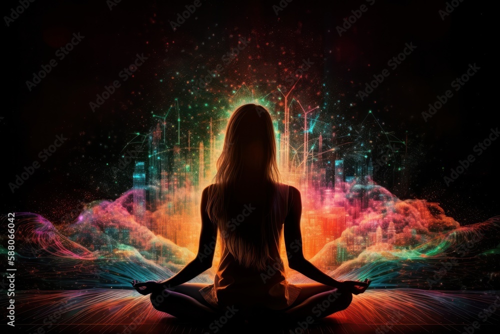 Young woman meditating in lotus pose with colourful lights on background, Generative Ai