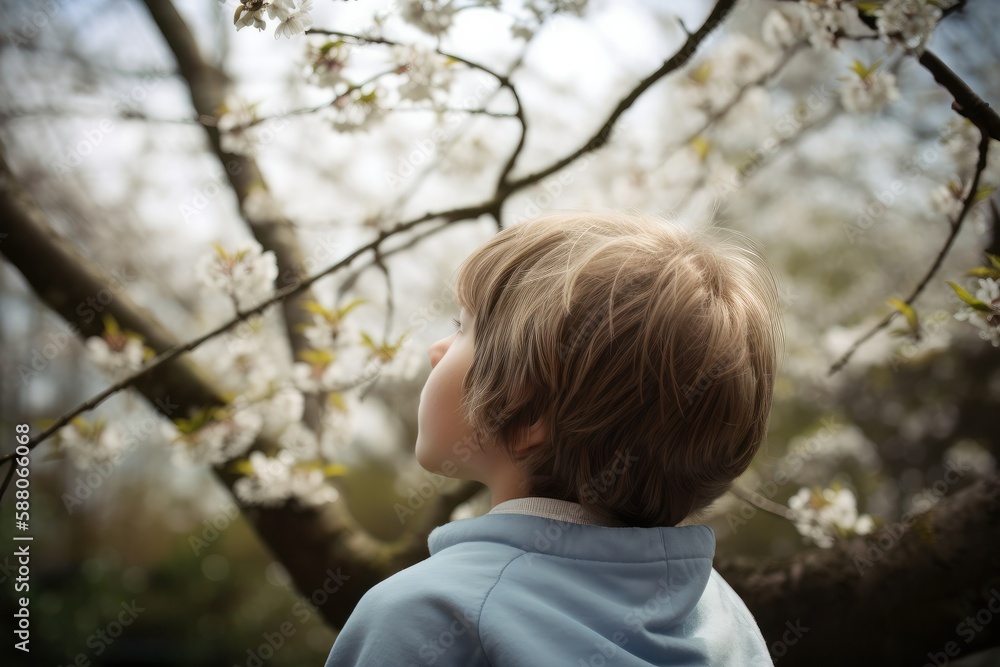 Back view of a boy standing in front of a blooming cherry tree in the spring, Generative Ai Back view of a boy standing in front of a blooming cherry tree in the spring, Generative Ai