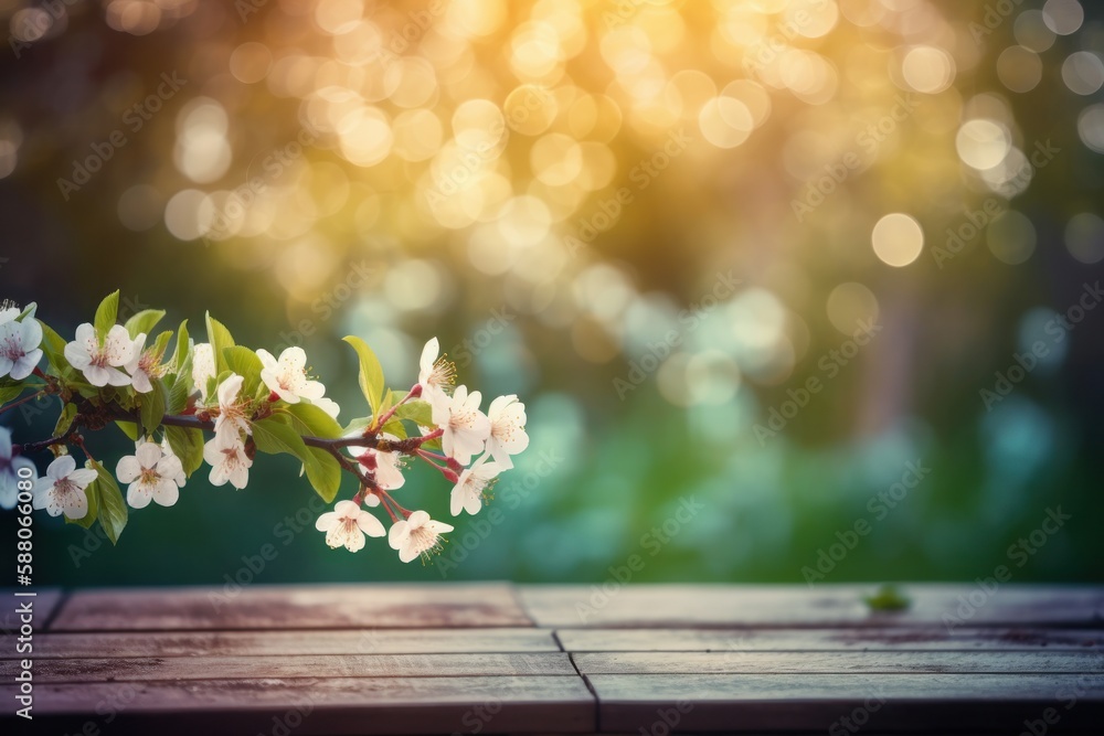 Spring blossom background with bokeh lights and wooden table, Generative Ai