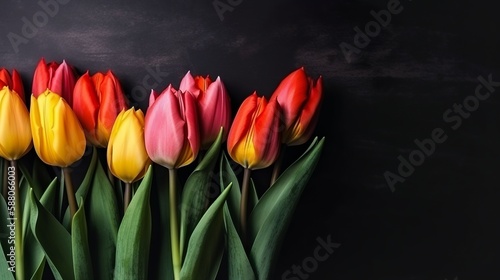 tulips background with empty copyspace Colorful background or banner for a flower shop, garden or anything plant related, generative AI