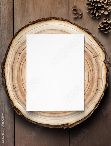 Rustic wooden slice with empty white vertical blank of paper mockup. Country wood ring with card for text top view flatlay. Generative AI