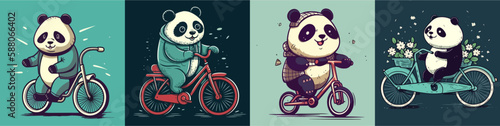 Flat color vector of happy panda riding bicycle set collection