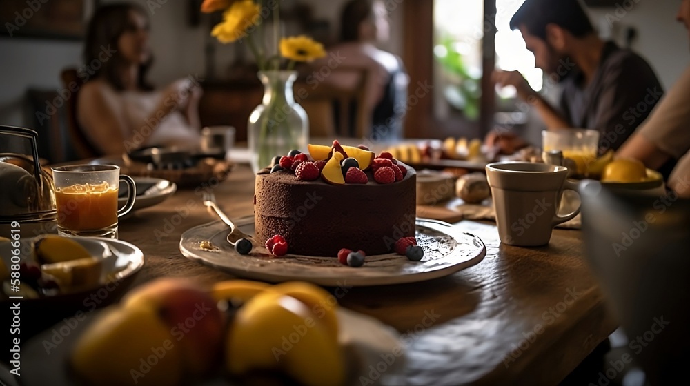A delicious chocolate cake on a plate on wooden table with people in background