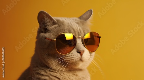 funny studio shot of cool cat wearing sunglasses on yellow background with copy space. Generative Ai. © Kowit
