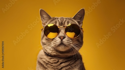 funny studio shot of cool cat wearing sunglasses on yellow background with copy space. Generative Ai.
