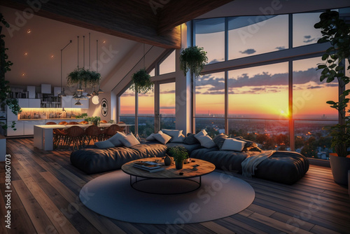 Modern interior design of the living room with big panoramic window. Super photo realistic background, generative ai illustration © Anna