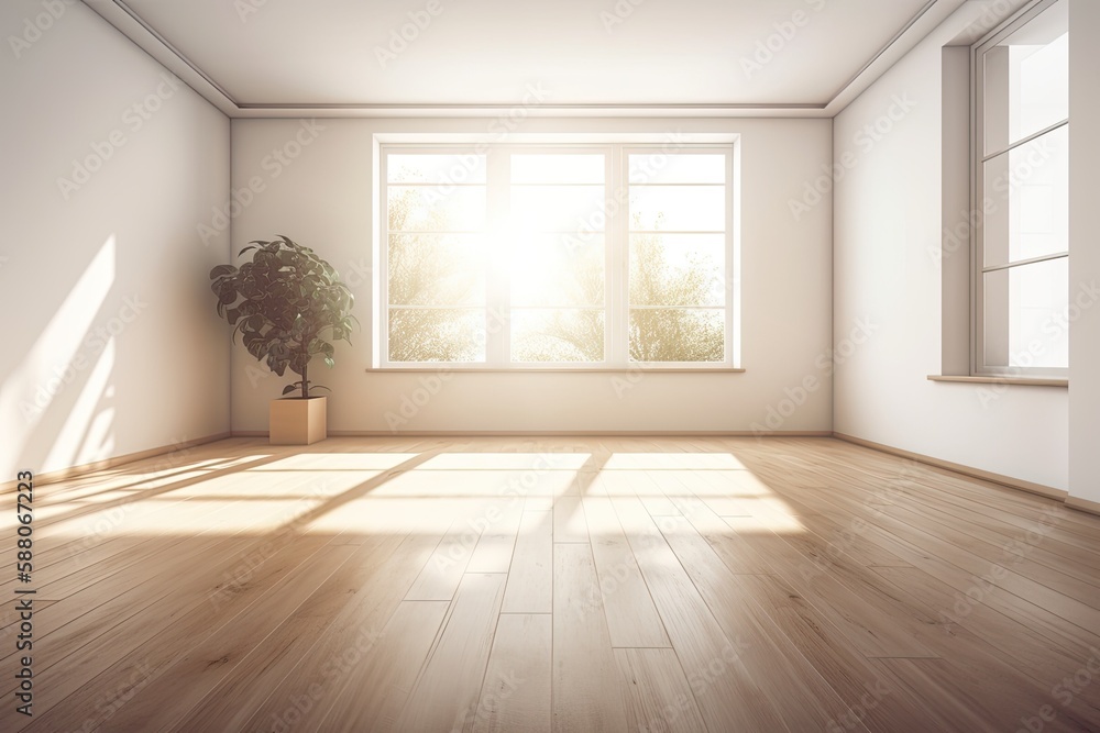 Illustration of an empty room with a touch of greenery from a potted plant in the corner. Generative AI Illustration of an empty room with a touch of greenery from a potted plant in the corner. Generative AI
