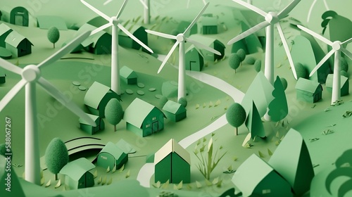 Sustainable Living: Paper Houses and Wind Turbines in a Lush Green Landscape