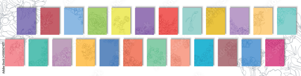 Collection of bright floral covers, templates, placards, brochures, banners, flyers and etc. Colorful outline backgrounds, postcards, posters, invitation. Elegant cards with drawing flowers