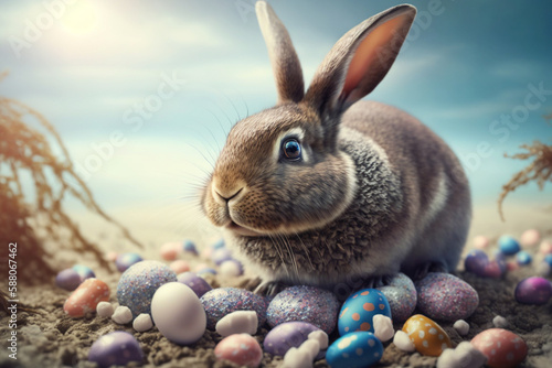 Illustration of a cute and cheerful Easter bunny, carrying eggs and spreading joy and happiness. Ai generated.