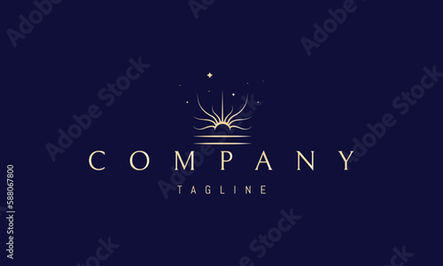 Vector golden logo on which an abstract image of a sunset with wavy rays.
