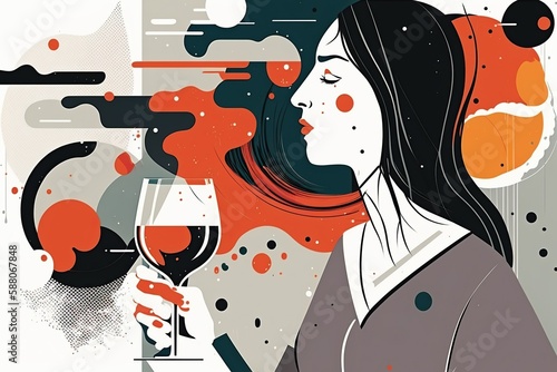 Woman drinking wine on bright background, created with Generative AI technology