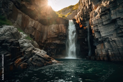 Great view on waterfall with colorful sky during sunset. Wonderful Nature landscape. Travel is a Lifestyle  concept. Iceland popular place of travel and touristic location. Generative Ai.