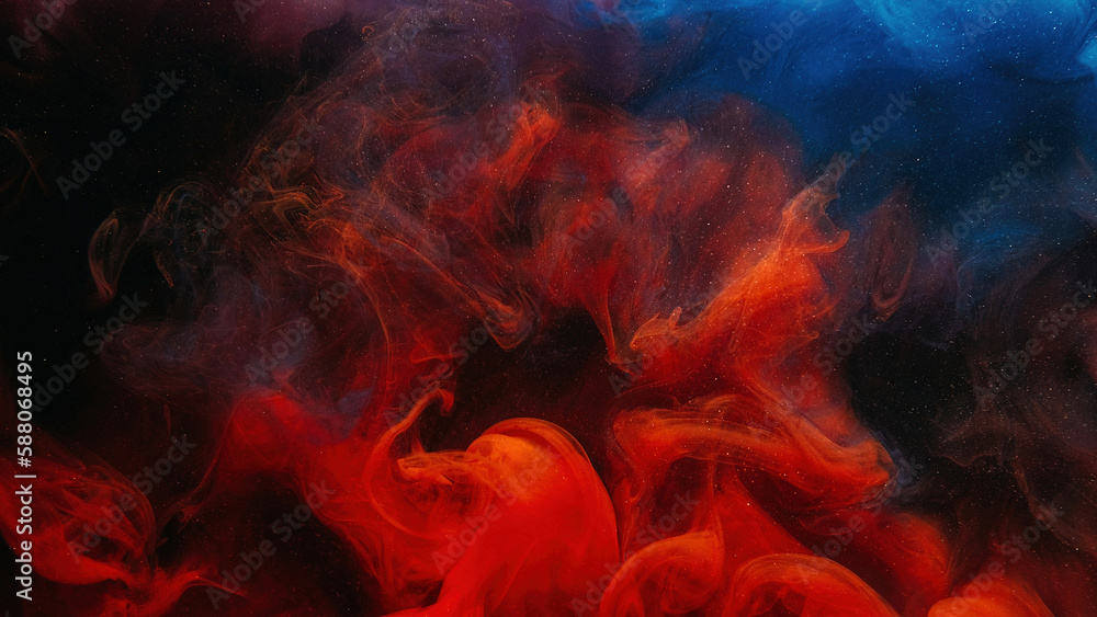 Color smoke. Paint water splash. Fire flame. Cosmic stardust. Red blue glowing glitter vapor texture on dark black abstract art background with free space. Color smoke. Paint water splash. Fire flame. Cosmic stardust. Red blue glowing glitter vapor texture on dark black abstract art background with free space.
