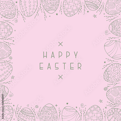 Vector Easter background with hand drawn eggs. Pink decorative festive cover. Beautiful greeting card, postcard, banner, poster, brochure