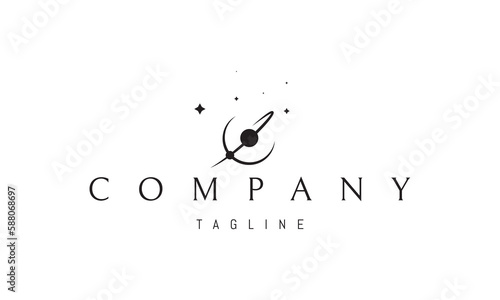 Vector logo on which an abstract image of a vinyl record in the form of a planet with an orbit.