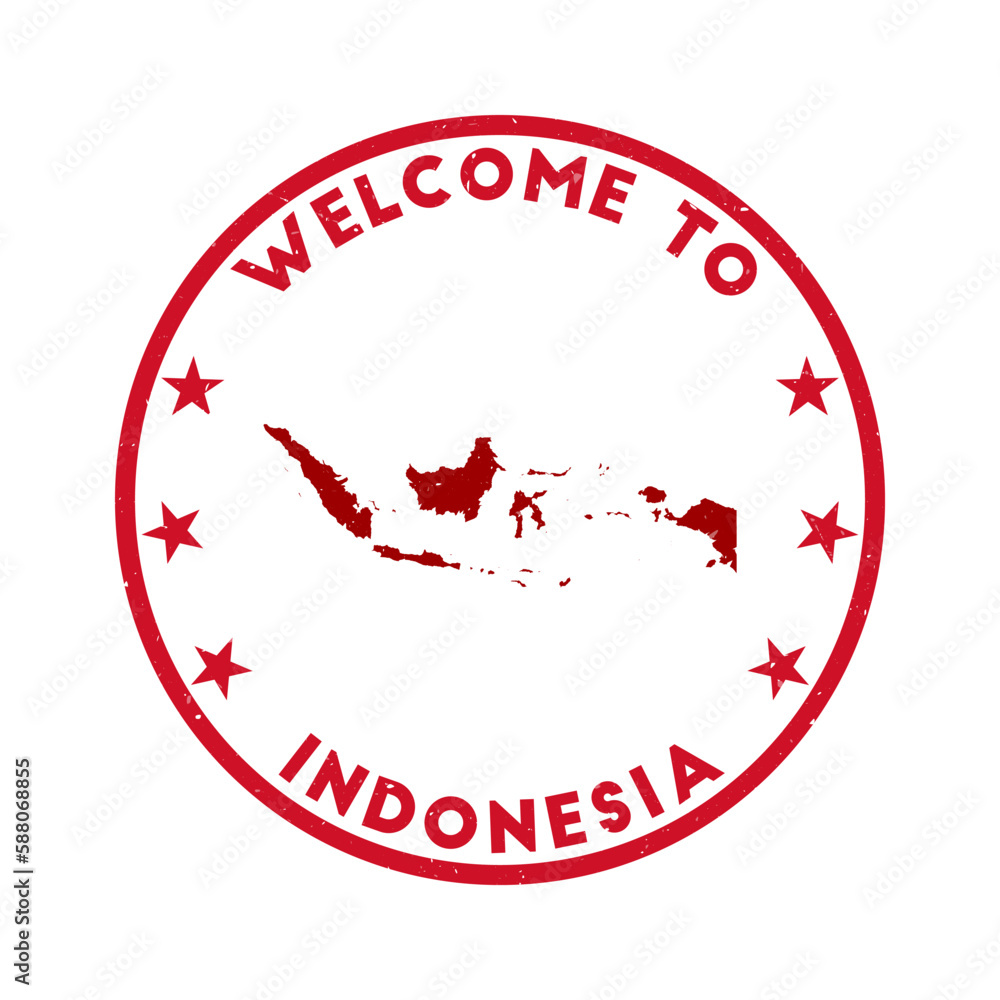 Welcome to Indonesia stamp. Grunge country round stamp with texture in Super Rose Red color theme. Vintage style geometric Indonesia seal. Authentic vector illustration. Welcome to Indonesia stamp. Grunge country round stamp with texture in Super Rose Red color theme. Vintage style geometric Indonesia seal. Authentic vector illustration.