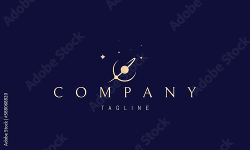 Vector golden logo on which an abstract image of a vinyl record in the form of a planet with an orbit.