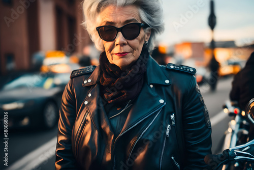Portrait of happy old woman biker dressed in leather jacket. Concept of active age. Generative AI