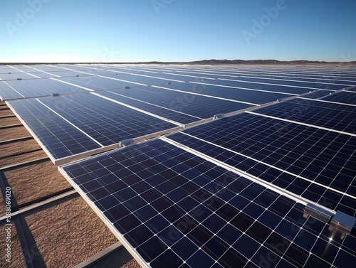 Solar Panels farm or solar call farm on green hills field and blue sky background .energy and eco environment concept .focus on first solar panel. Generative Ai.