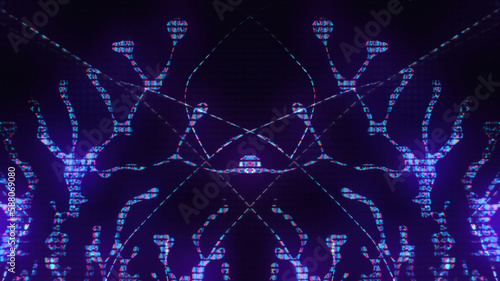 Neon glitch. Digital design. Futuristic kaleidoscope. Purple pink blue color UV light liquid crystal artifacts symmetrical pattern on dark black abstract illustration background.